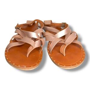 10M Womens Maurice’s Sandals Tan Brown Faux Leather Rose Accent Strappy Casual